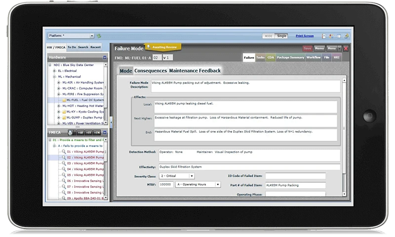 RCM Analyzer software running on an iPad